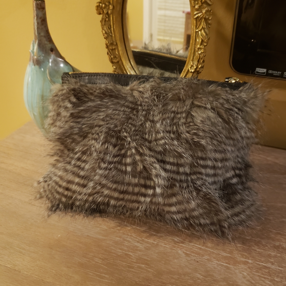 Ann Taylor Faux Fur Clutch in Gray & Black NWT!